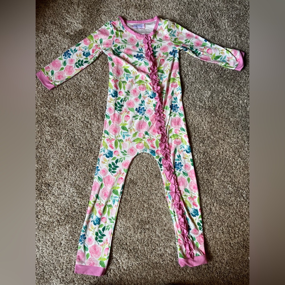 SweetHoney Girl’s Zip-Up Pajamas Floral Ruffled Layette Lounge Soft Pink Size 6